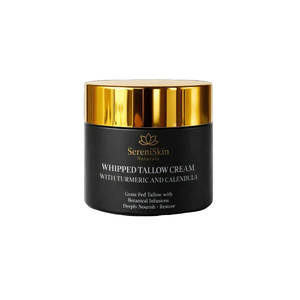 SereniSkin whipped tallow cream jar with gold lid on a white background