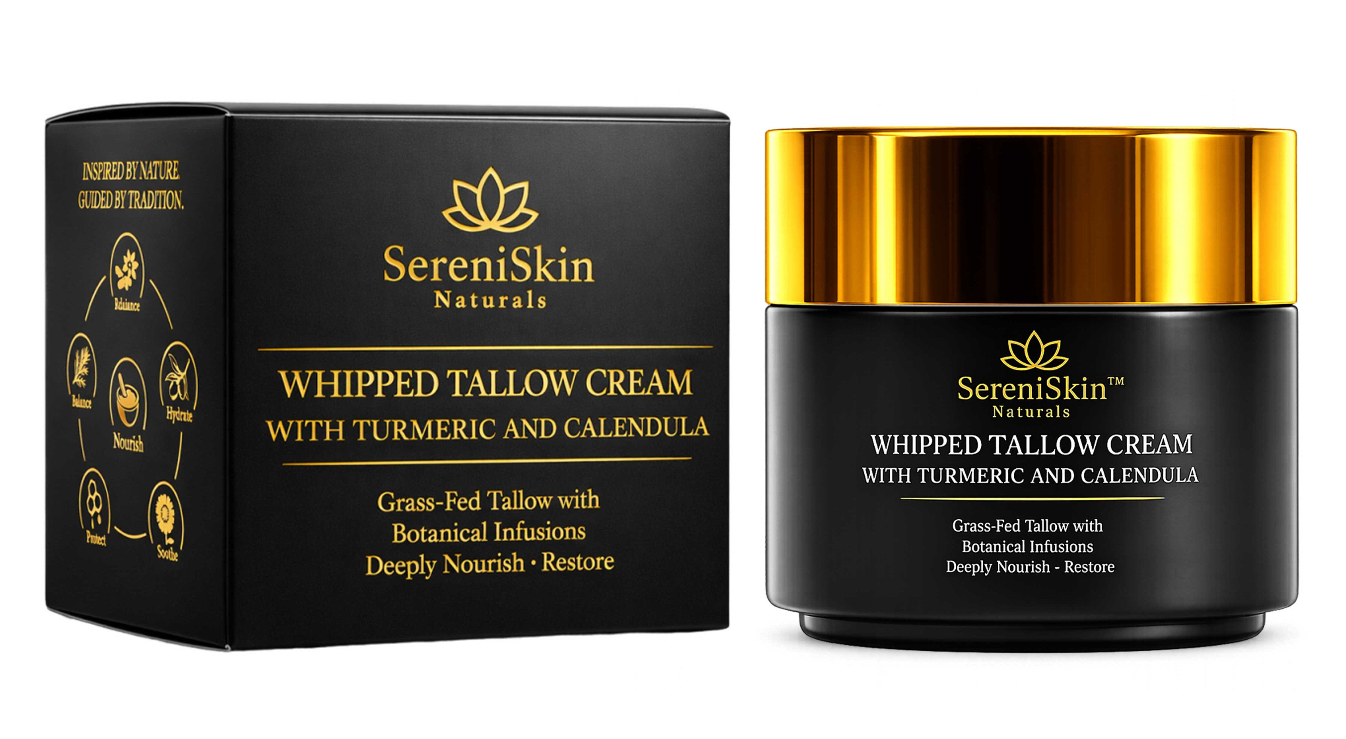 SereniSkin whipped tallow cream packaging with black and gold design on a white background