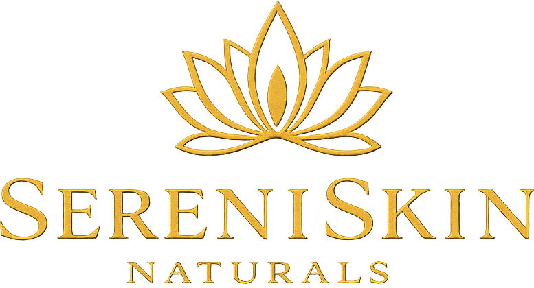 SereniSkin Naturals logo with a gold lotus flower design on a white background