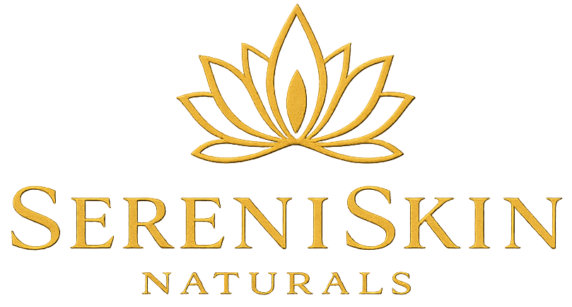SereniSkin Naturals logo with a gold lotus flower design on a white background